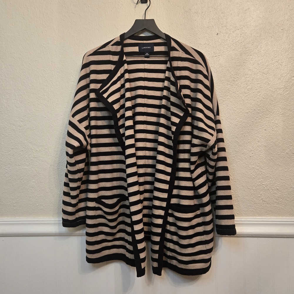 Lands End Womens 2X Striped Open Front Cardigan Sweater Black Beige Pockets